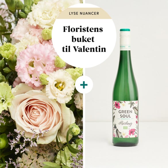Floristens valentinsbuket i lyse nuancer med Risling Green Soul
